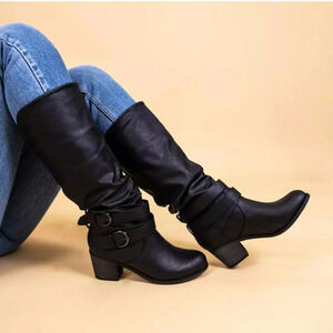 Journee Collection Black Buckle Heeled Boots
